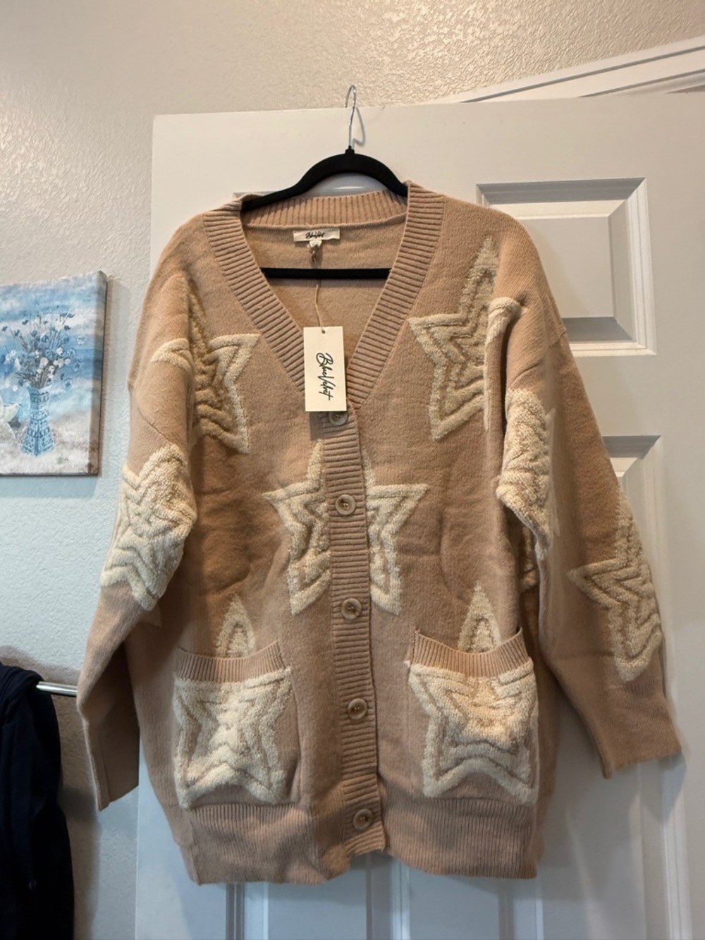 Women's Beige Star Textured Button-Front Cardigan